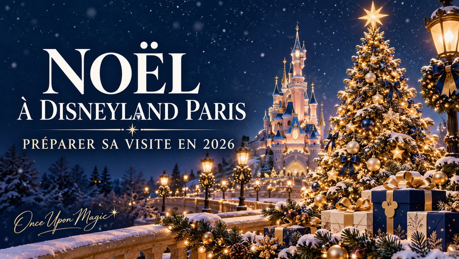 Illustration hivernale d’un sapin illuminé et d’un château pour préparer une visite de Noël à Disneyland Paris.