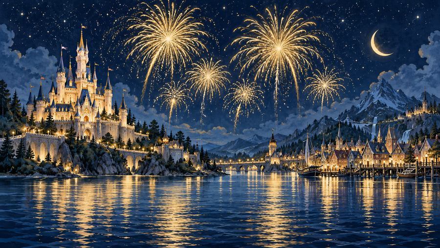 Illustration éditoriale : château féerique et village nordique imaginaires au bord d’un lac, sous des feux d’artifice dorés et une lune en croissant.