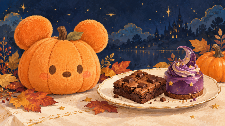 Illustration éditoriale : peluche citrouille imaginaire aux oreilles rondes, brownie-cookie et pâtisserie violette fantaisie, entourés de feuilles d’automne.