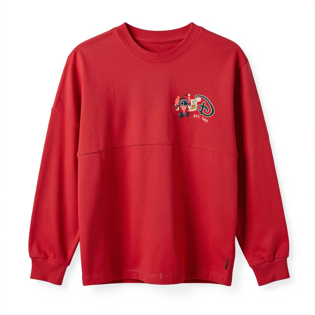Spirit Jersey Stitch de Noël rouge – vue avant – Disneyland Paris — photo studio sur fond blanc mat