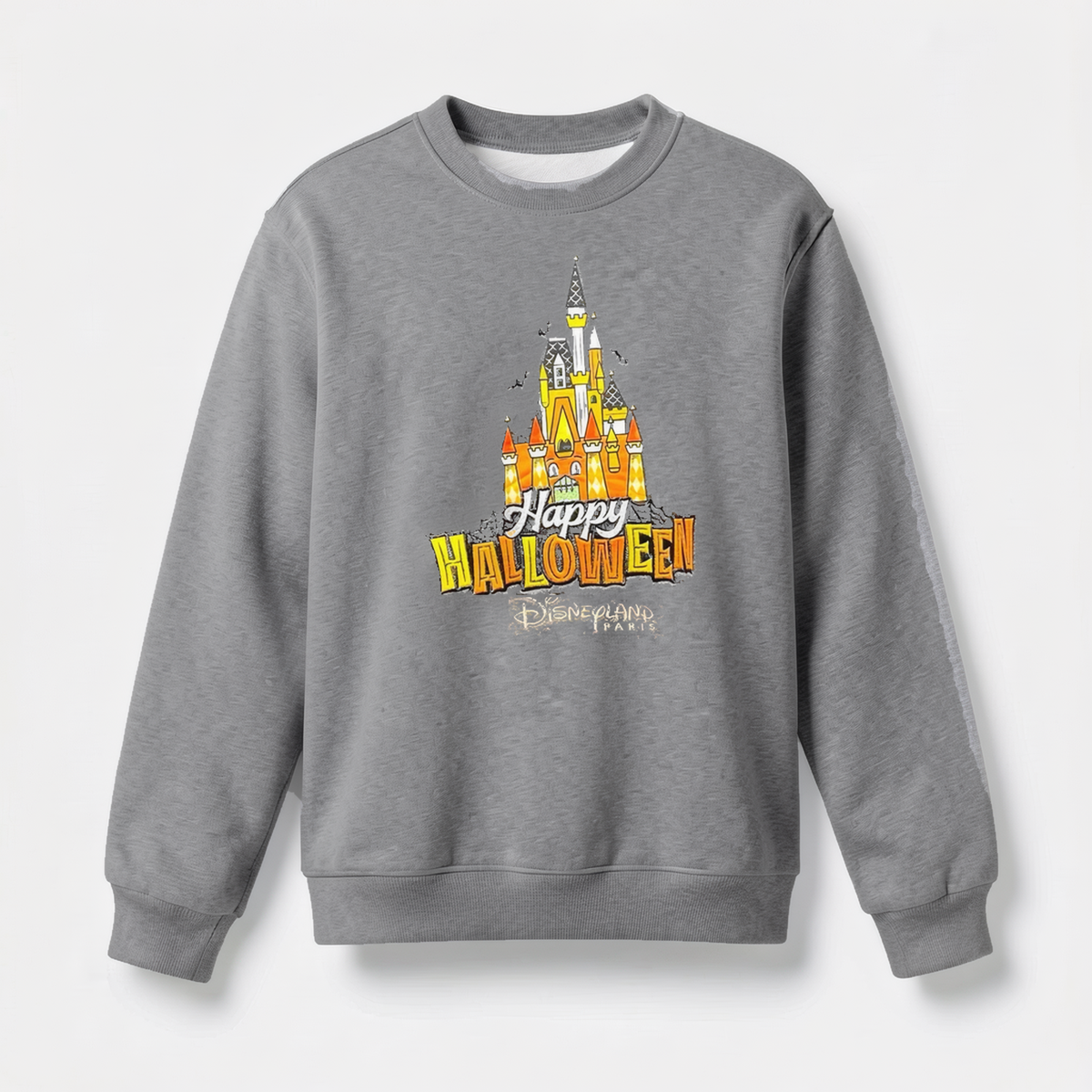 Sweat Happy Halloween adulte gris chiné foncé, motif château Disneyland Paris – photo studio