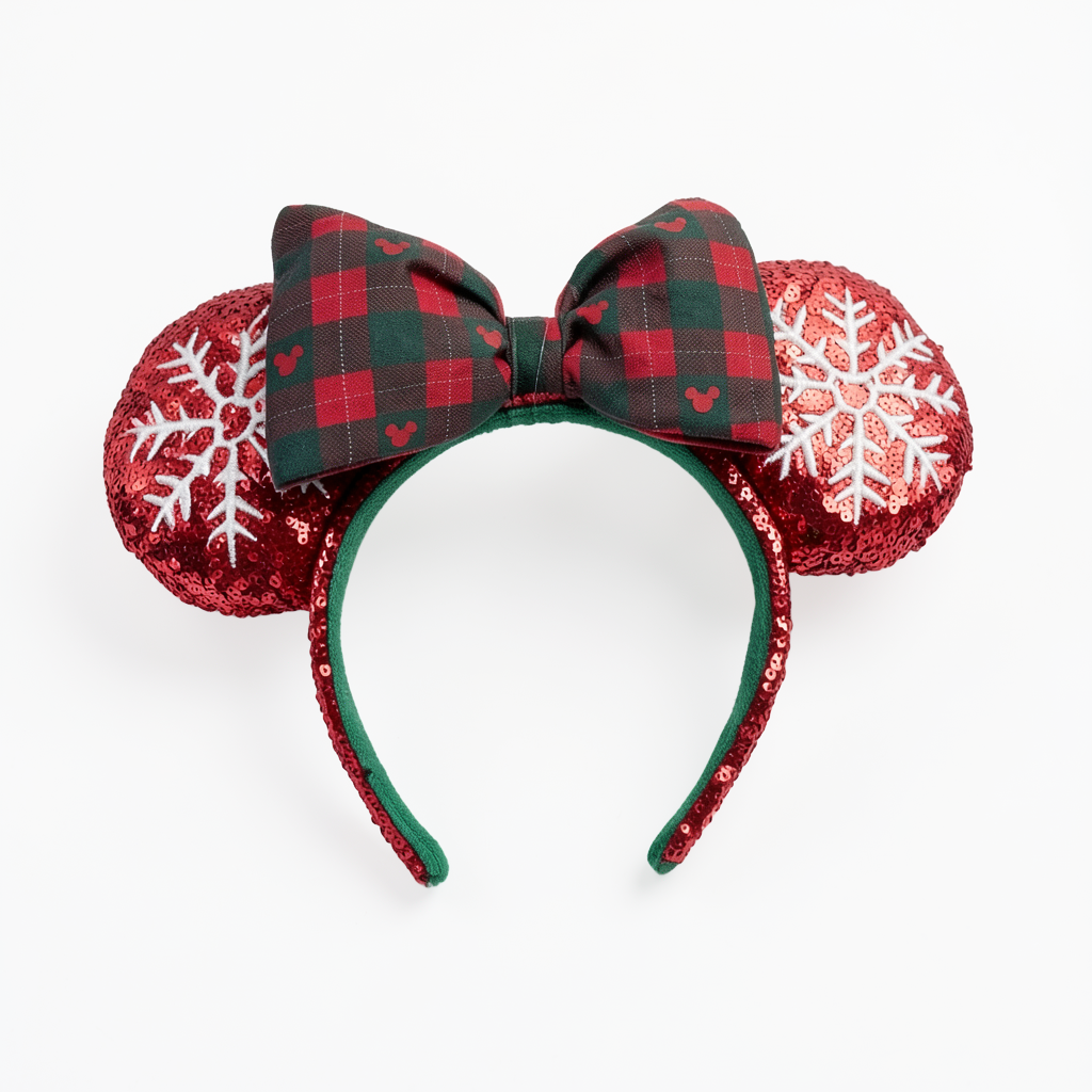 Serre-tête oreilles Minnie Noël rouge, tartan et flocons – Disneyland Paris — photo studio sur fond blanc mat