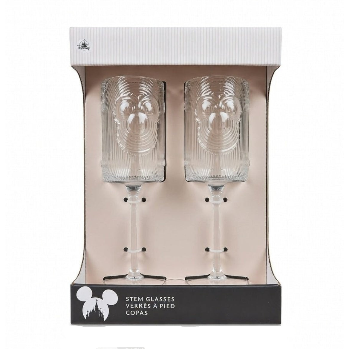 Coffret de deux verres à pied transparents texturés avec motif Mickey Mouse en relief