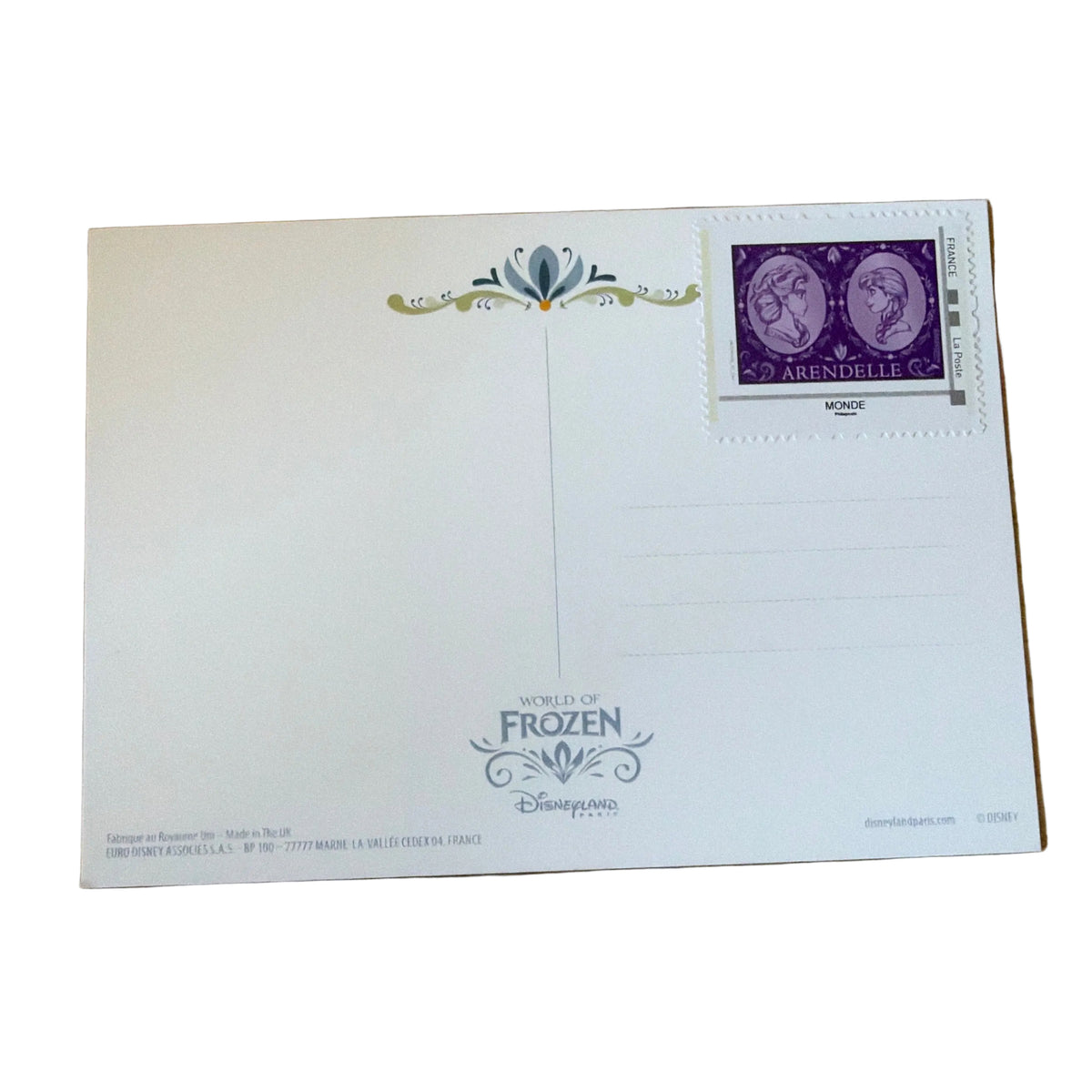 Carte postale World of Frozen Arendelle violette – Disneyland Paris – dos