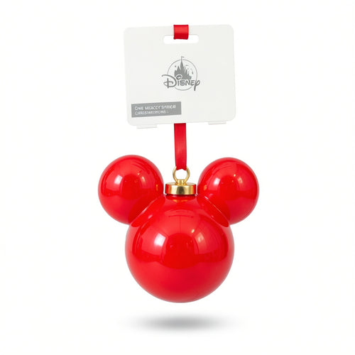 Glänzend rote Weihnachtskugel in Mickey-Kopfform mit rotem Band