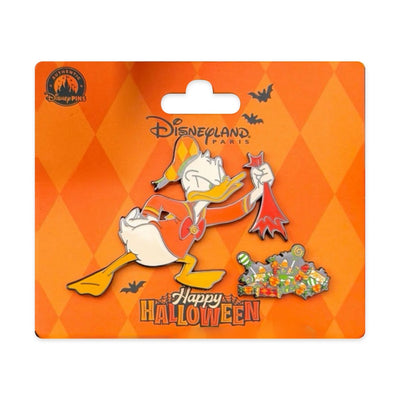 Pin Donald Halloween avec costume et bonbons, sur son support orange Disneyland Paris