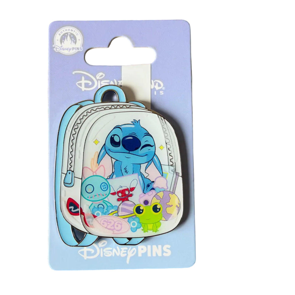 Pin sac à dos bleu avec Stitch faisant un clin d’œil, Scrump et une grenouille – Disneyland Paris – vue de face