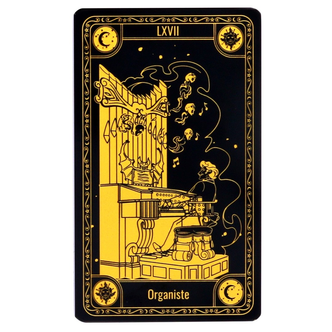 Carte de tarot Arribas Organiste noire et dorée, vue de face