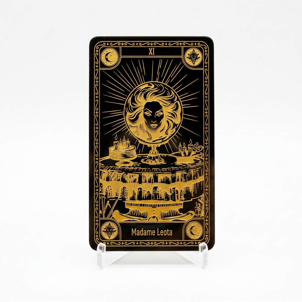 Carte décorative Arribas Madame Leota noire et dorée avec boule de cristal, vue de face