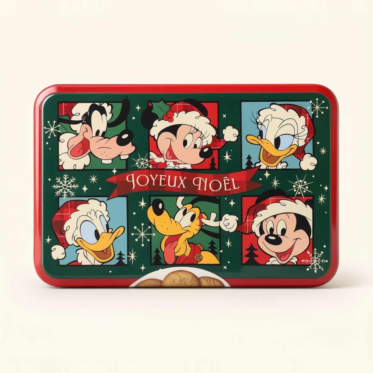 Boîte de sablés de Noël Mickey et ses amis – vue de face sur fond studio clair, Disneyland Paris