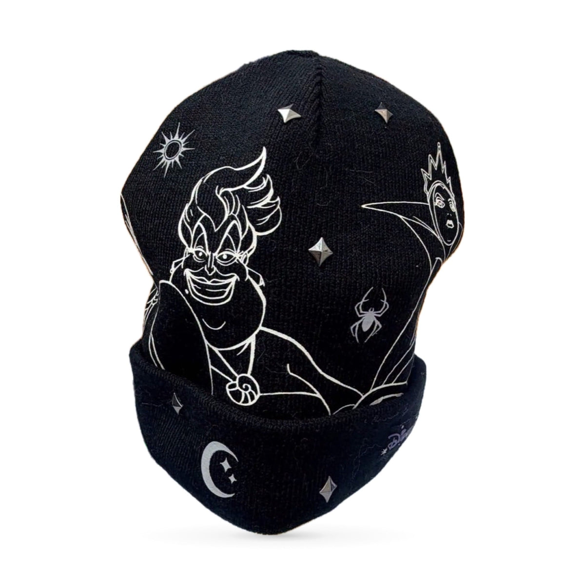 白いアースラとマレフィセントの絵がある黒いDisney Villainsニット帽