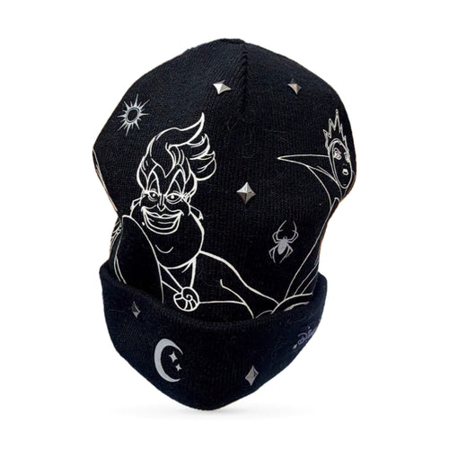 Black Disney Villains beanie with white drawings of Ursula and Maleficent