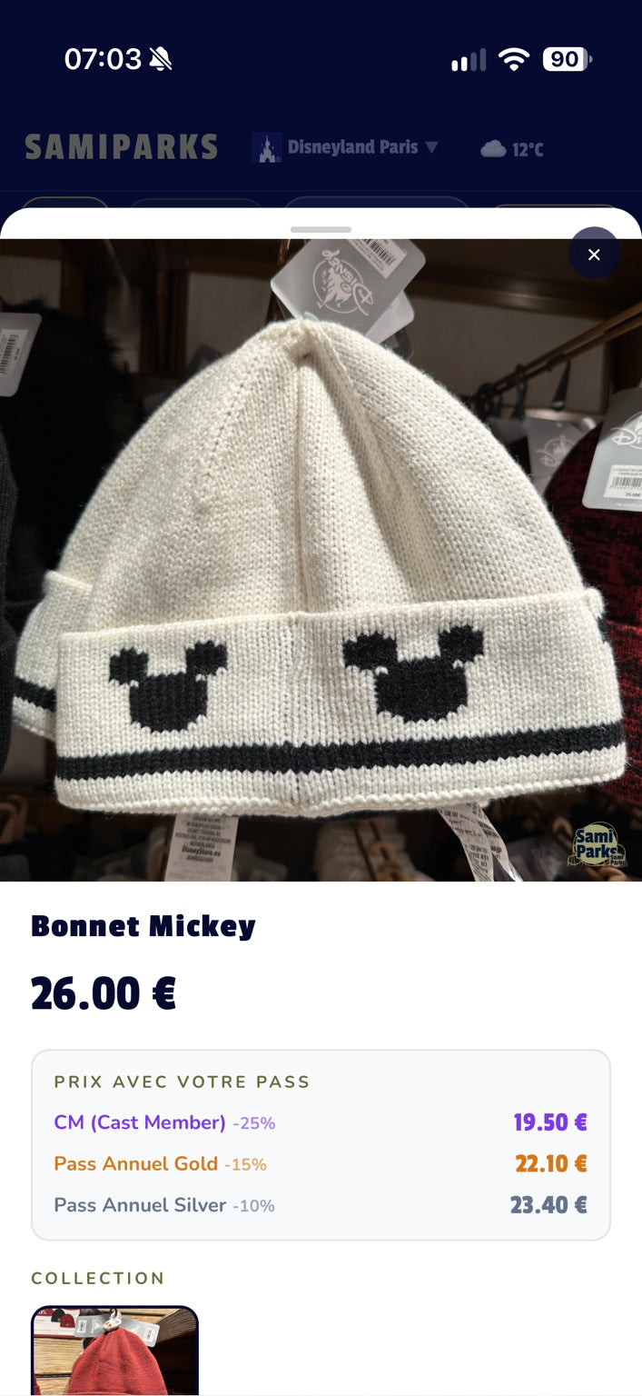 Bonnet Mickey crème – Disneyland Paris – photo boutique avec prix 26 euros