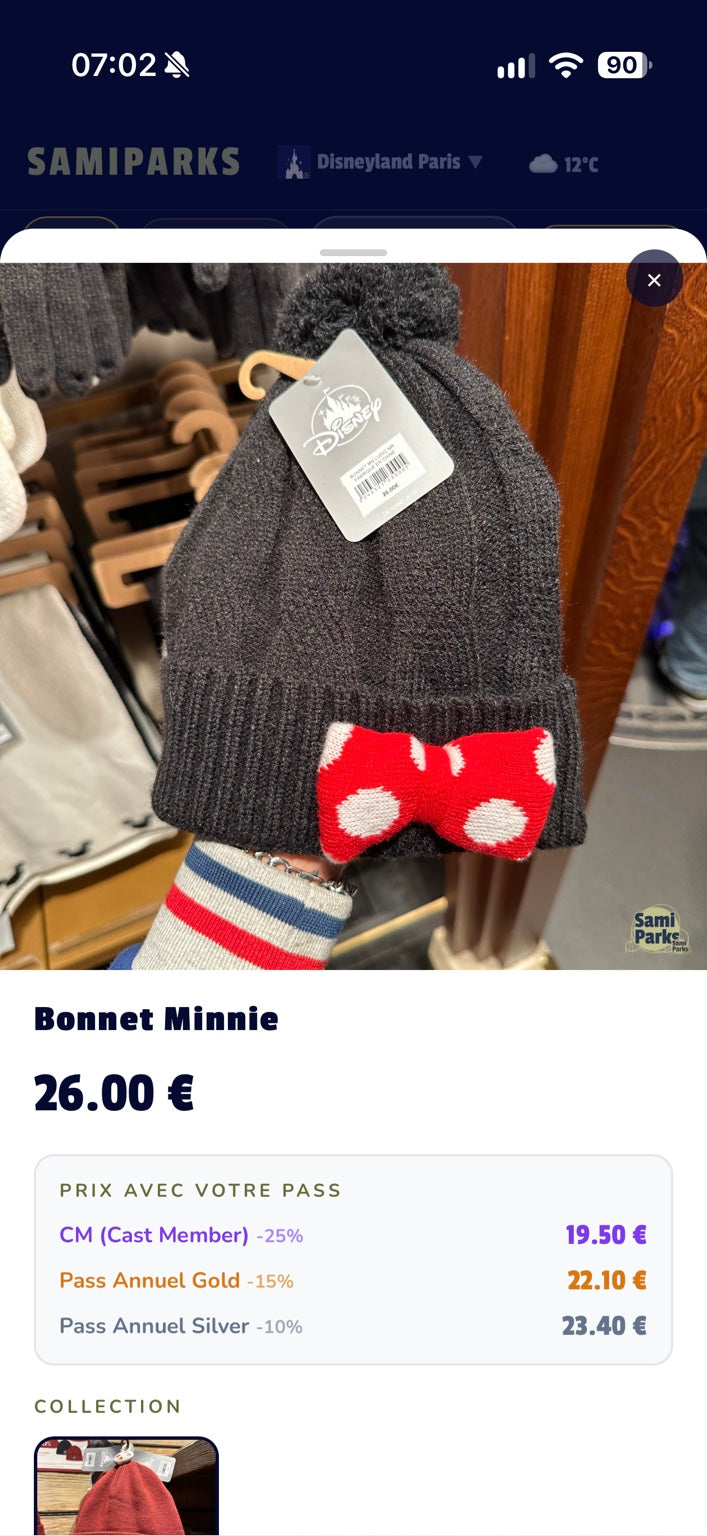 Bonnet Minnie noir – Disneyland Paris – photo boutique avec prix 26 euros