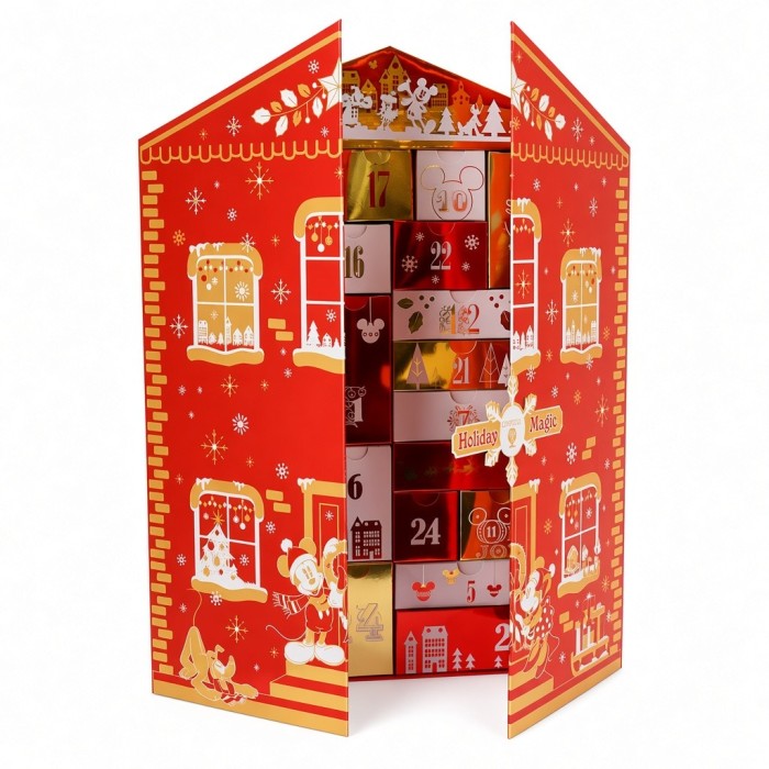 Calendrier de l’Avent Arribas Holiday Magic rouge et doré, portes entrouvertes montrant les tiroirs numérotés