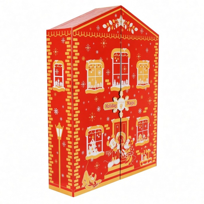 Coffret fermé du calendrier de l’Avent Arribas Holiday Magic, maison rouge et dorée décorée de Mickey, Minnie et Pluto
