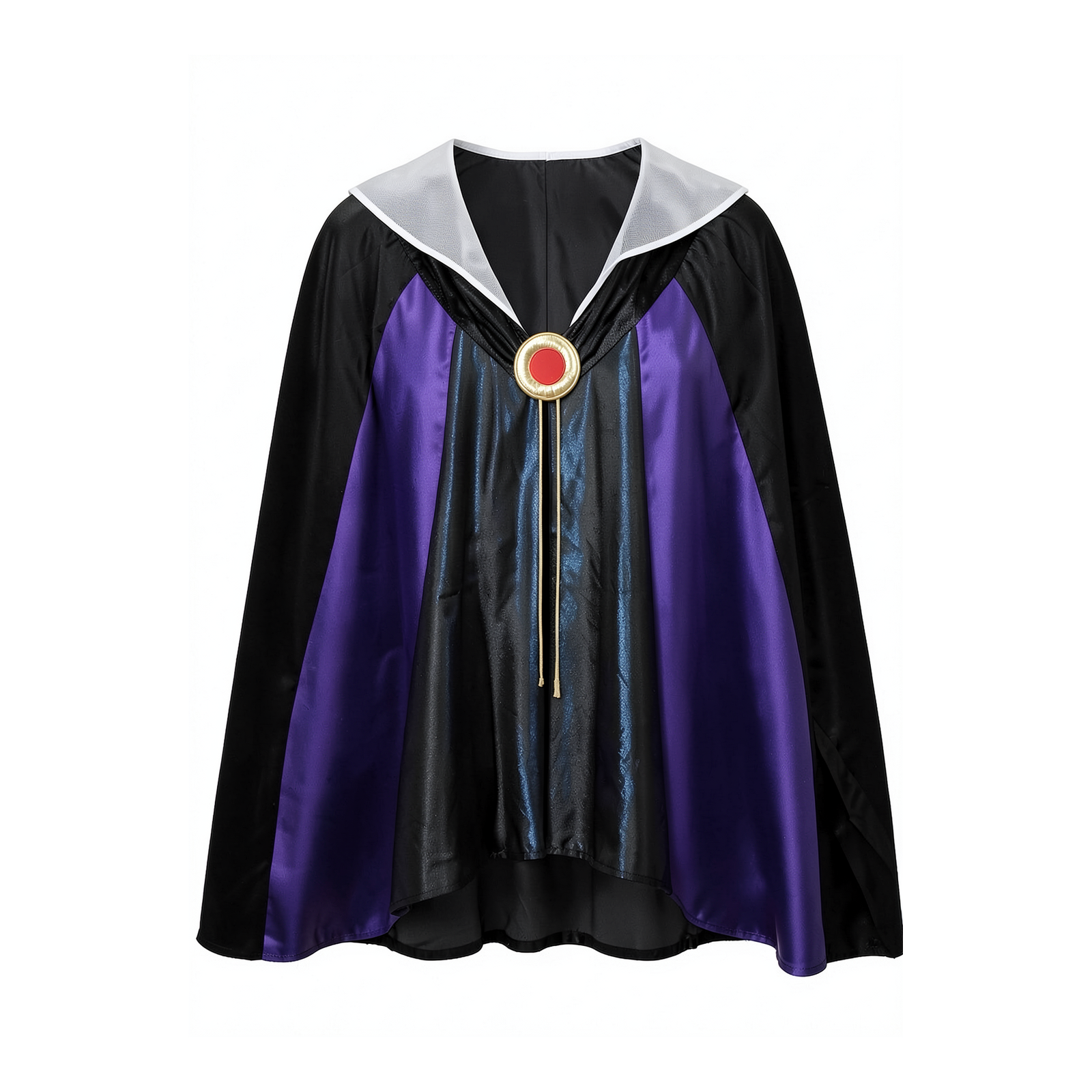 Cape Evil Queen – La Méchante Reine, noire et violette avec col blanc et médaillon rouge et doré — vue de face studio