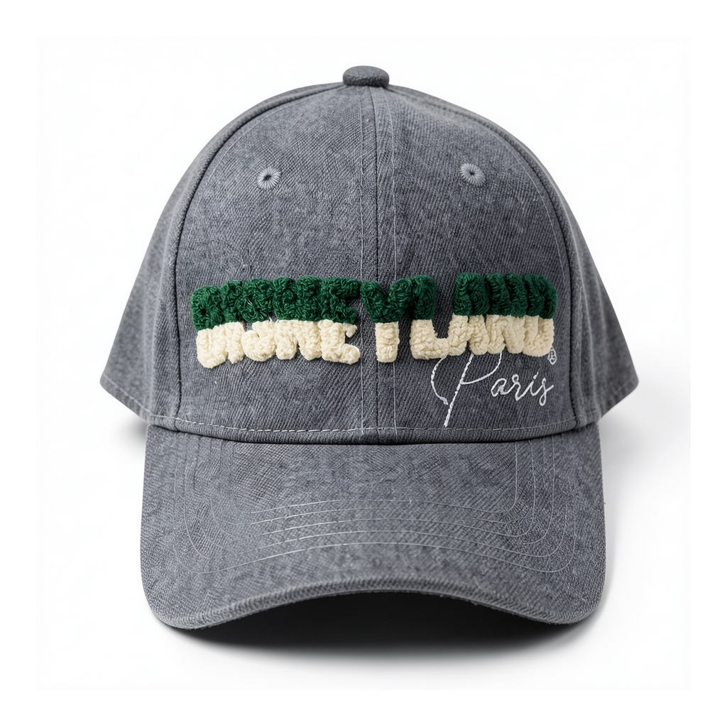 Casquette grise Disneyland Paris, logo bouclette vert et blanc — vue de face studio sur fond blanc