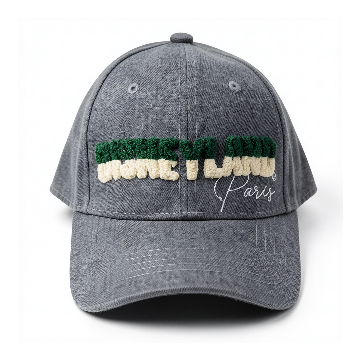 Casquette grise Disneyland Paris, logo bouclette vert et blanc — vue de face studio sur fond blanc