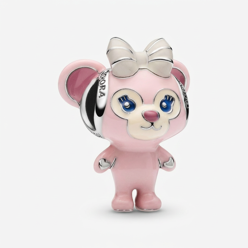 Charm Pandora ShellieMay rose avec nœud argenté et yeux bleus, vue de face