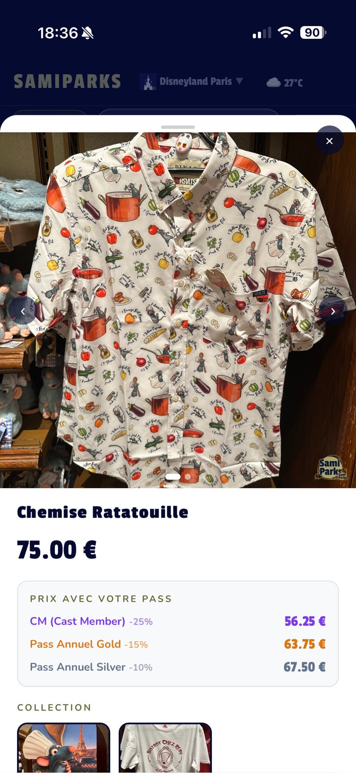 Chemise Ratatouille Disneyland Paris prix 75 euros