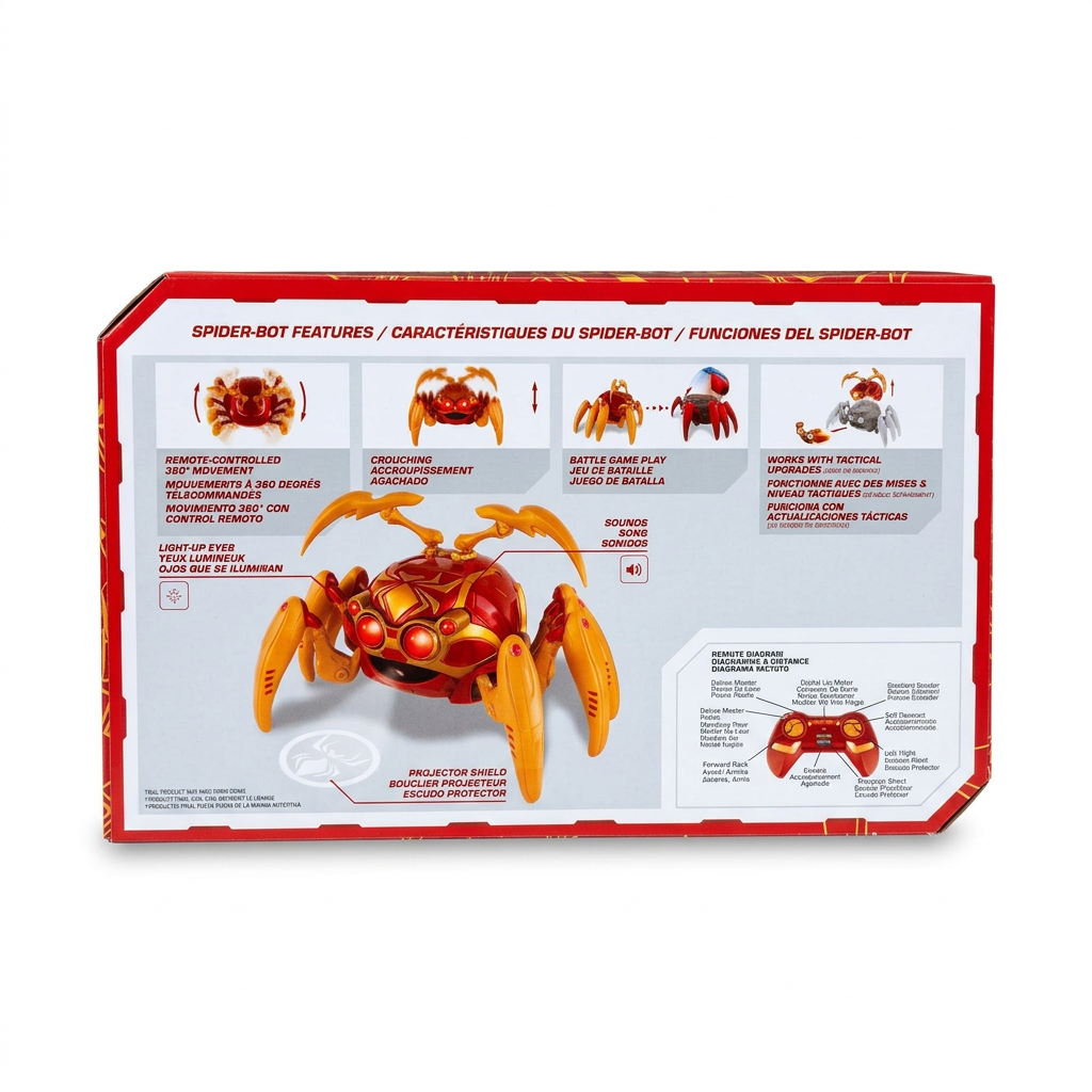 Dos de la boîte du Spider-Bot rouge et or, avec illustrations de ses fonctions