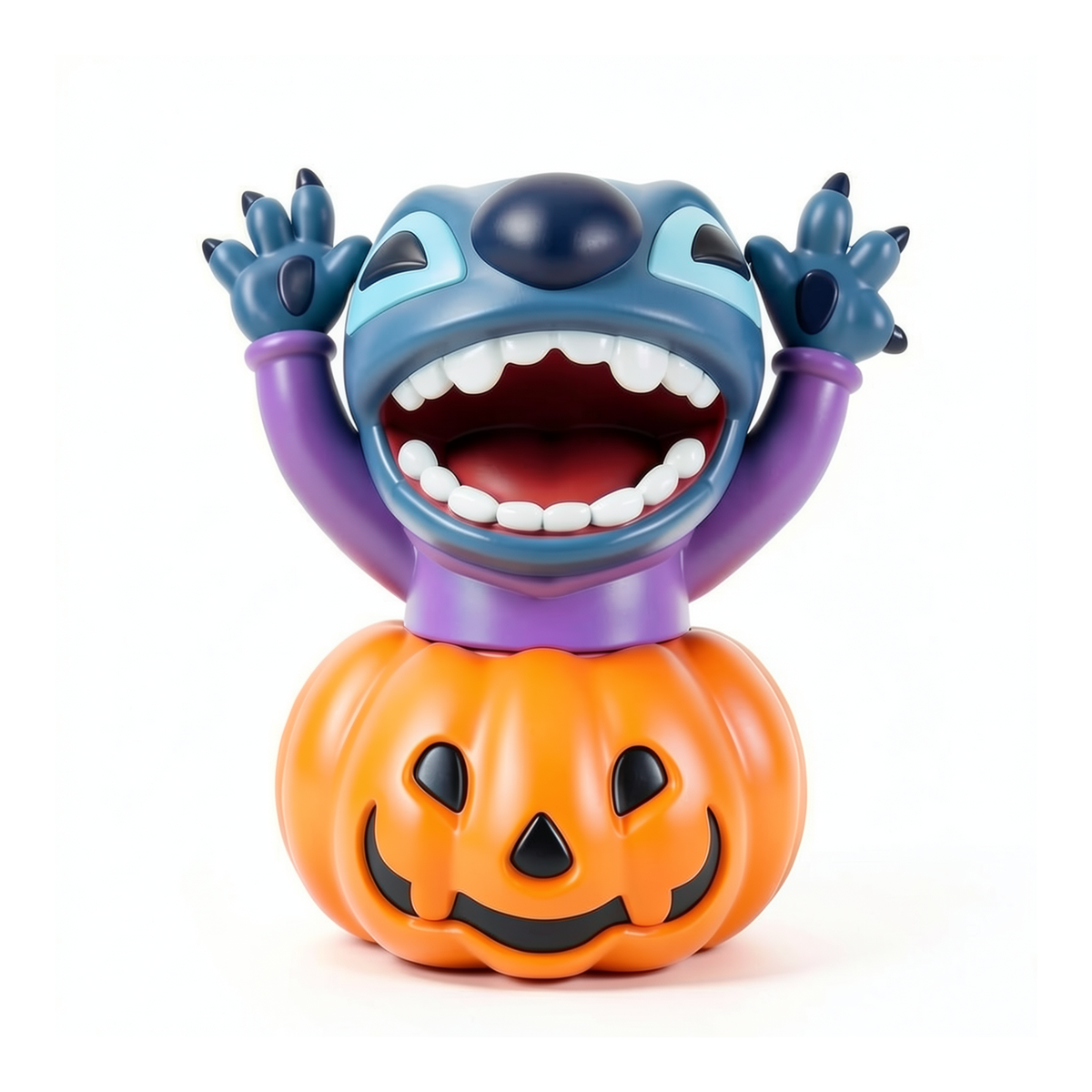 Décoration Stitch bleu et violet sur citrouille orange Halloween — vue de face studio sur fond blanc