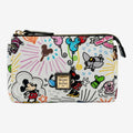 Dooney & Bourke Disneyland Paris white cosmetic pouch with colorful Disney character sketches and balloons. Features Mickey Mouse, Minnie Mouse, and Dumbo.