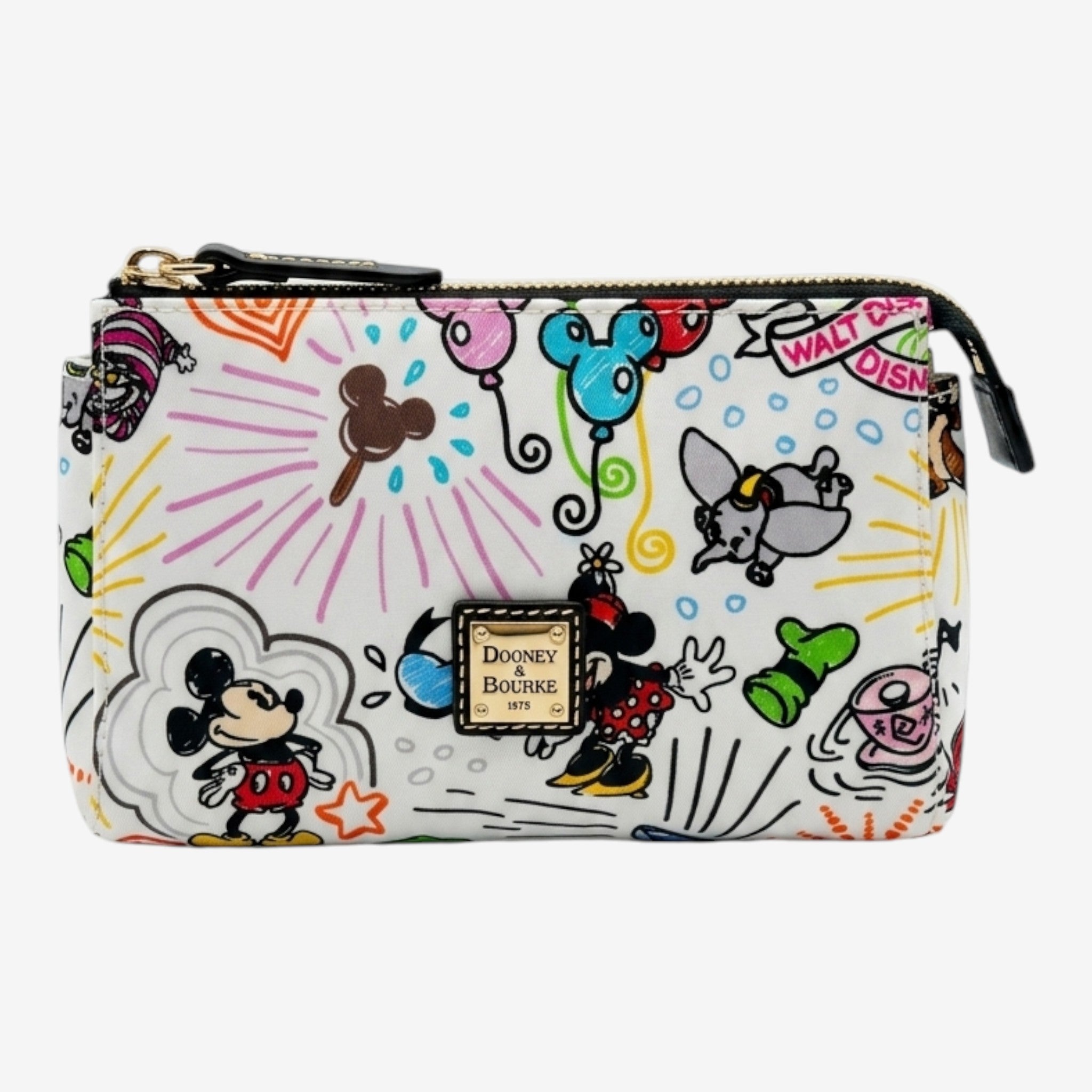 Dooney & Bourke Disneyland Paris white cosmetic pouch with colorful Disney character sketches and balloons. Features Mickey Mouse, Minnie Mouse, and Dumbo.