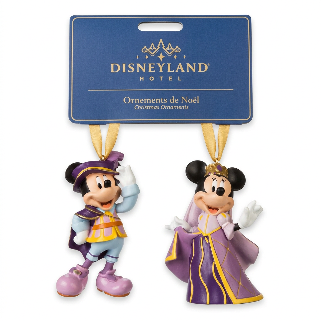 Duo d’ornements Mickey et Minnie avec cartonnette Disneyland Hotel redressée sur fond blanc mat