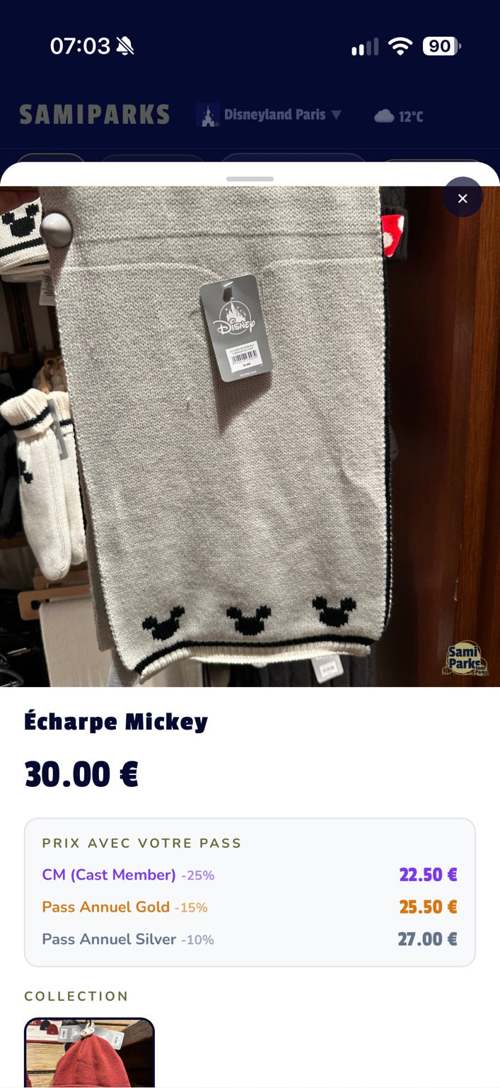 Écharpe Mickey crème – Disneyland Paris – photo boutique avec prix 30 euros
