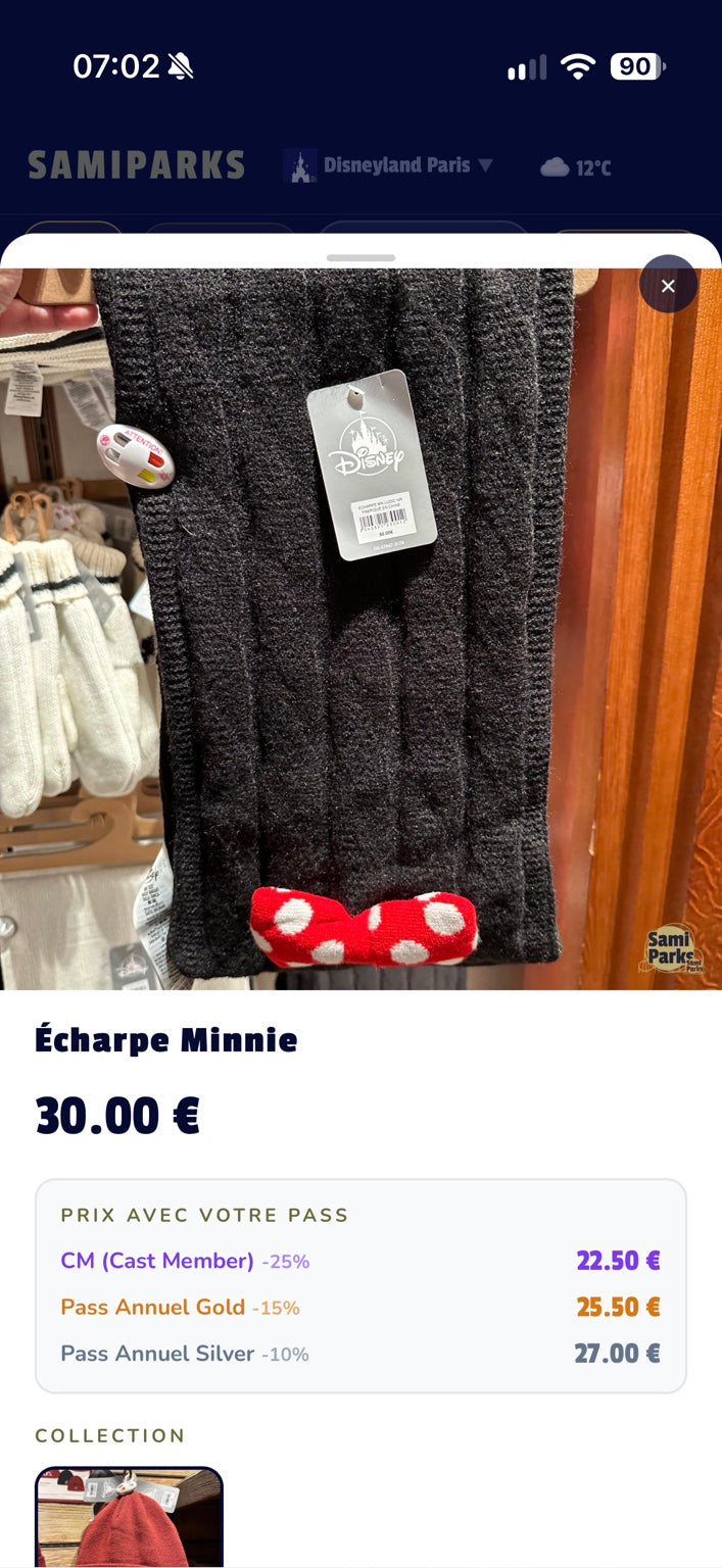Écharpe Minnie noire – Disneyland Paris – photo boutique avec prix 30 euros