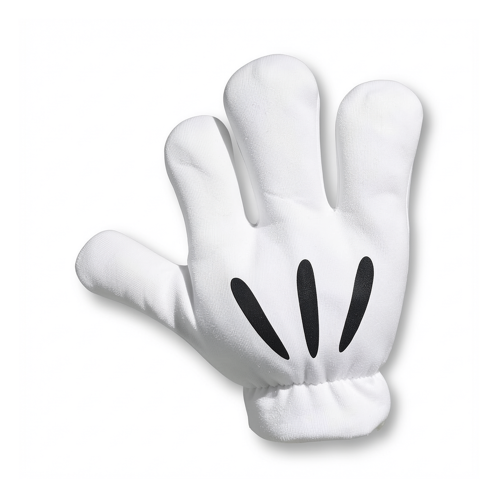 Détail d’un gant blanc du set Halloween Mickey, à quatre doigts et trois marques noires. Vue studio retouchée avec une IA locale ; le set comprend une paire.