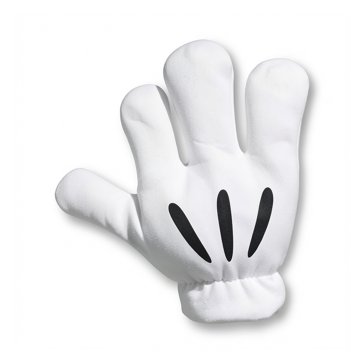 Détail d’un gant blanc du set Halloween Mickey, à quatre doigts et trois marques noires. Vue studio retouchée avec une IA locale ; le set comprend une paire.