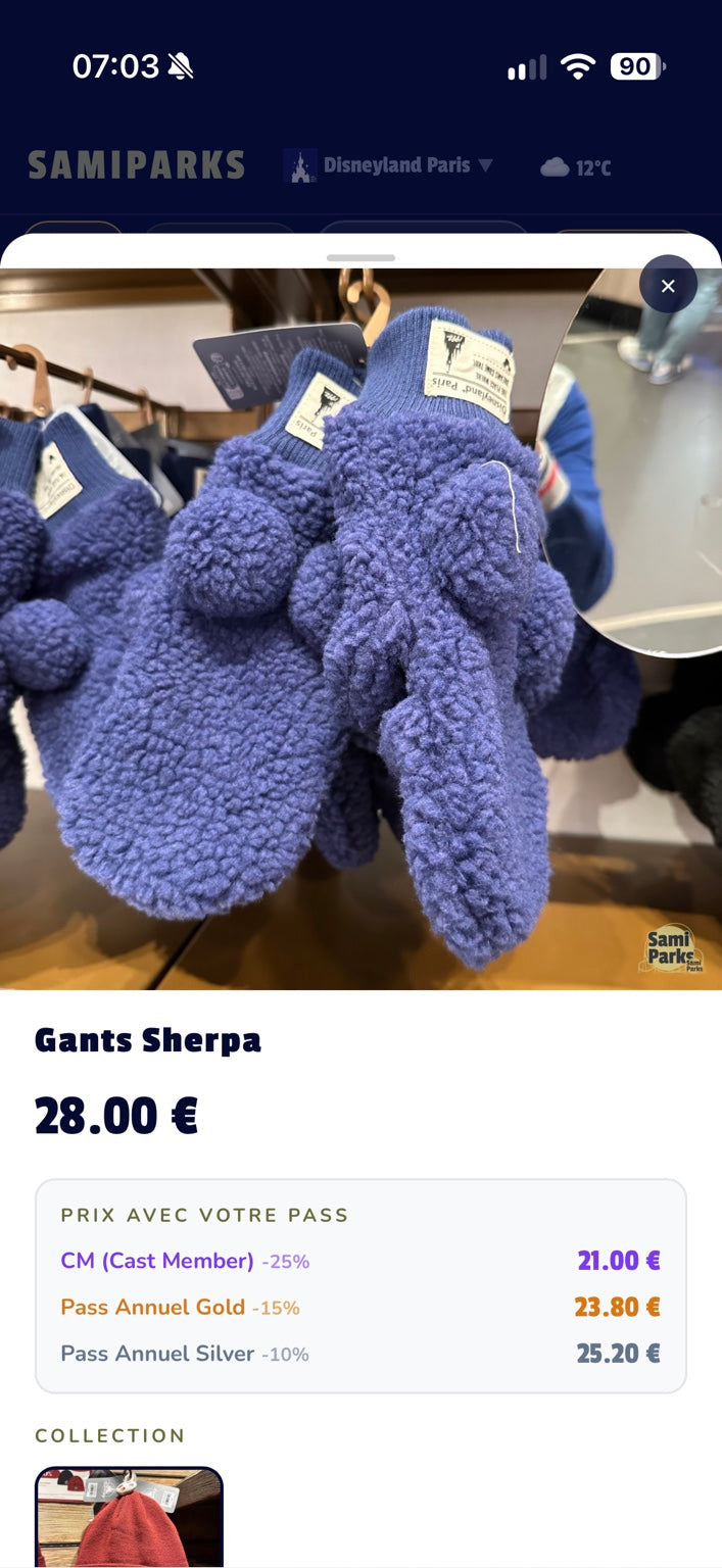 Gants sherpa bleu lavande – Disneyland Paris – photo boutique avec prix 28 euros