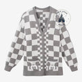 Her Universe grey and white checkered knit cardigan with Mickey Mouse pocket details. Long sleeves, V-neck, button front.