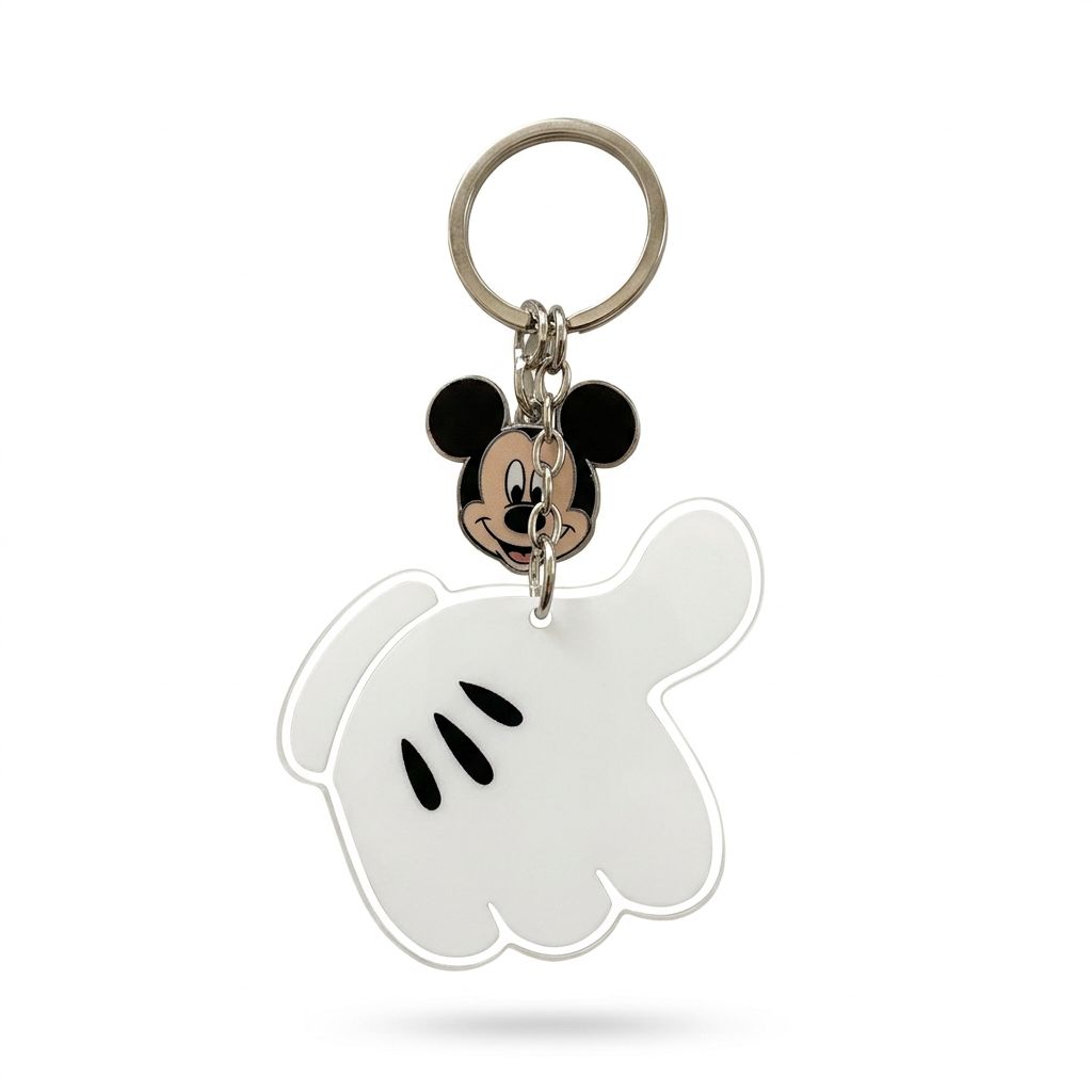 Porte-clés gant blanc Mickey et médaillon sur fond blanc mat