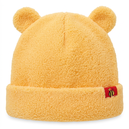 Yellow Winnie the Pooh beanie with two round ears and turn-up cuff, front view