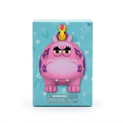 Türkisfarbene It’s-a-Small-World-Überraschungsbox mit Illustration eines rosa Nilpferds