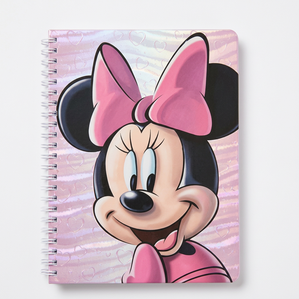 Perlmuttrosa Minnie-Spiralnotizbuch auf mattweißem Hintergrund