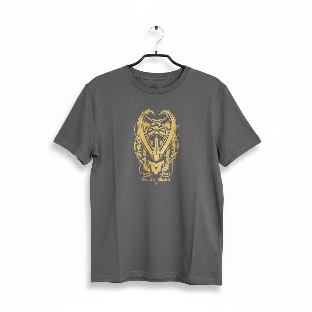 T-shirt Loki gris foncé sur cintre avec casque jaune doré