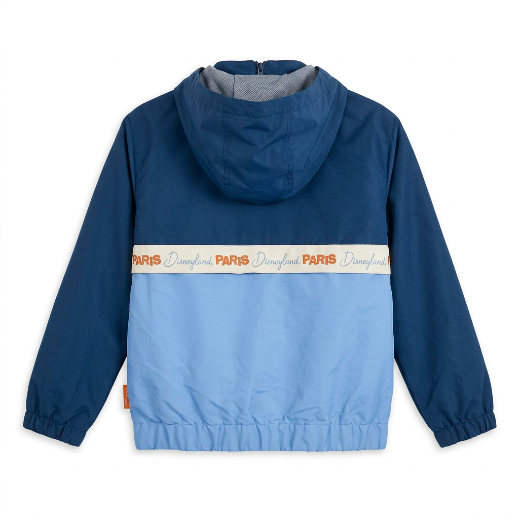 Dos du coupe-vent enfant bleu bicolore avec capuche et bande Paris