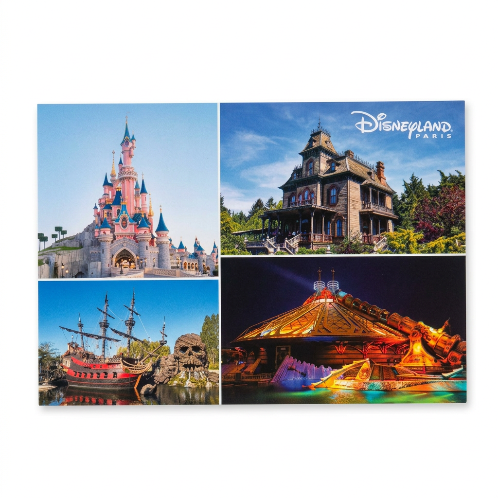 Carte postale Disneyland Paris – Montage quatre photos du parc