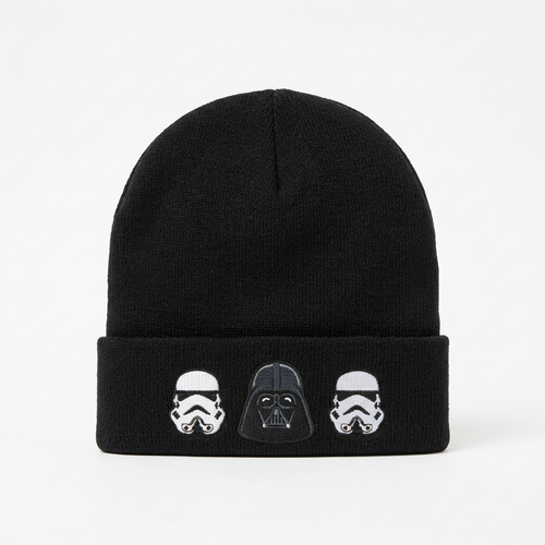 Bonnet noir Star Wars, broderies Dark Vador et deux Stormtroopers, vue de face sur fond blanc.