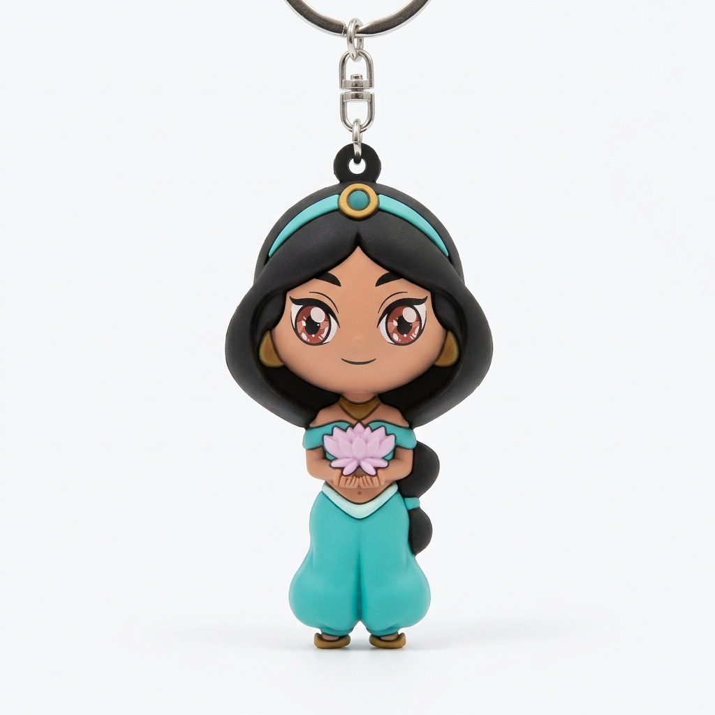 Porte-clés Jasmine chibi en tenue turquoise tenant une fleur rose, vue de face