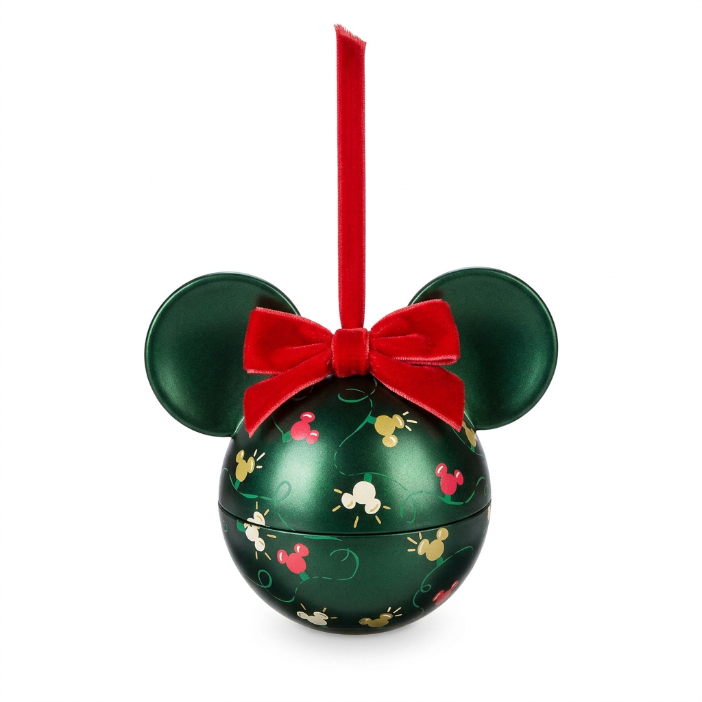 Coffret ornement Mickey vert fermé, nœud rouge, sur fond blanc mat