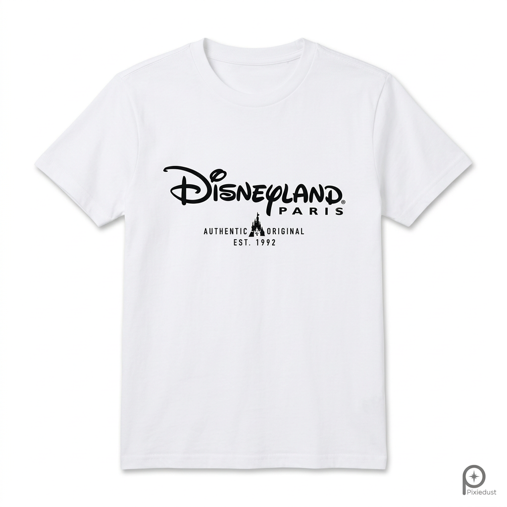 Weißes Disneyland-Paris-T-Shirt Authentic Original Est. 1992, Vorderansicht vor mattweißem Hintergrund, Pixiedust-Bildnachweis erhalten.