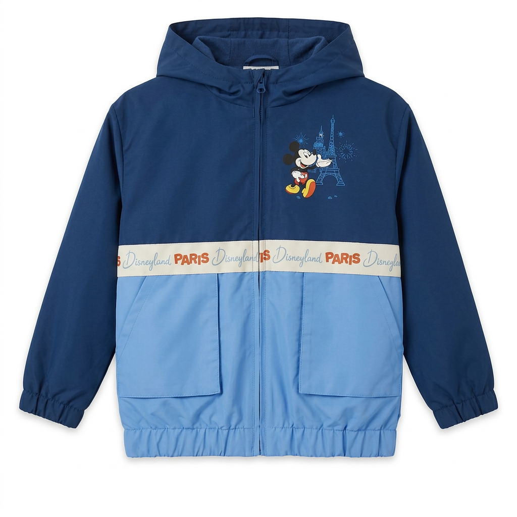 Coupe-vent enfant bleu bicolore avec Mickey sur la poitrine et bande Paris, vue de face