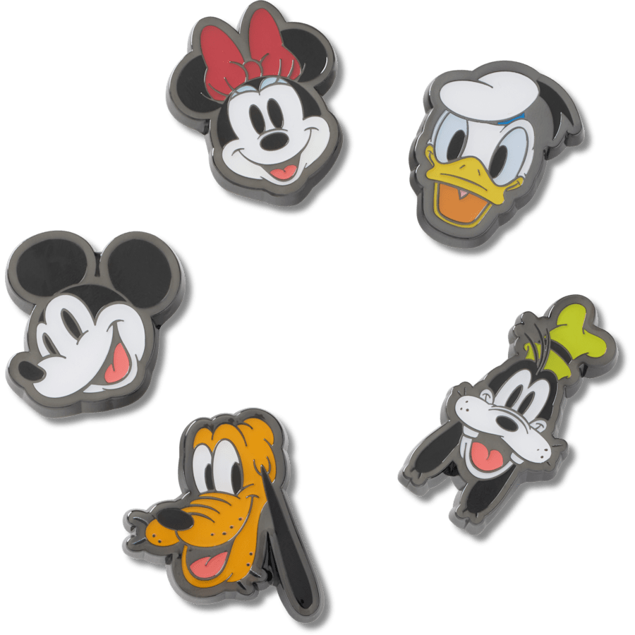 Fünf Crocs Jibbitz mit Micky, Minnie, Donald, Goofy und Pluto ohne Verpackung