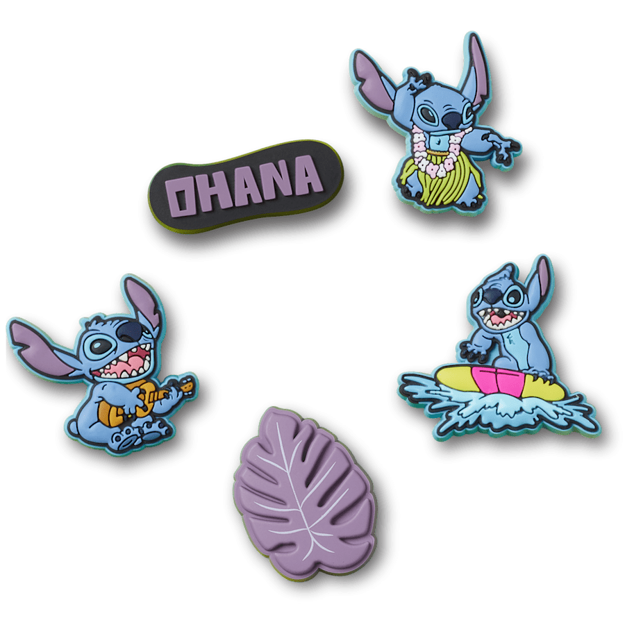 Die fünf Jibbitz Stitch Tropical ohne Verpackung – drei Stitch-Motive, Ohana und violettes Blatt
